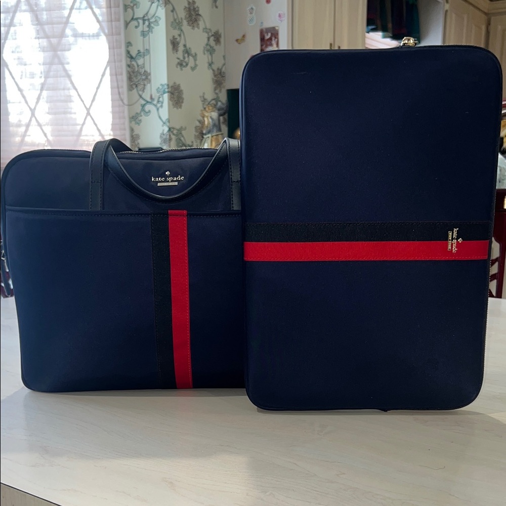 NWOT Kate Spade Varsity Stripe Nylon Navy/Red Briefcase & Laptop Sleeve Set
